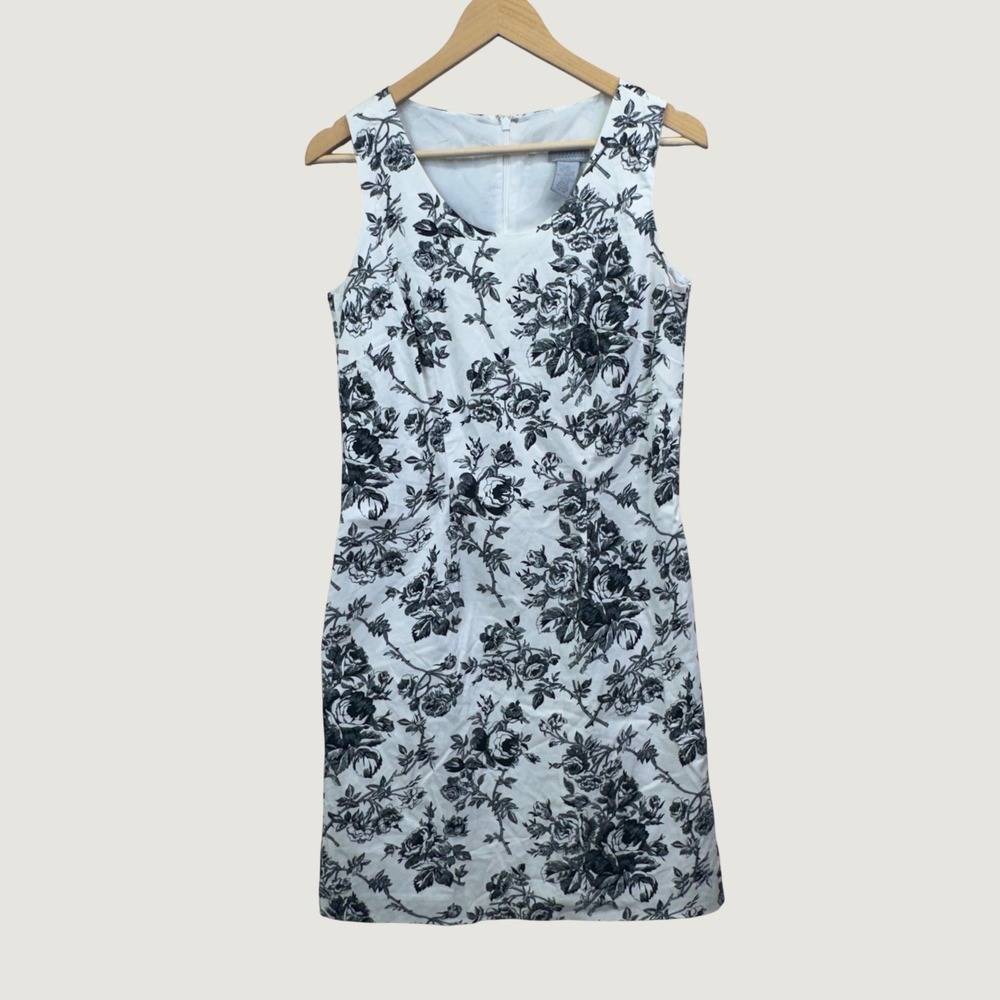 Collection by Cherokee Sheath Dress 8 White Black Floral Cotton Cottagecore